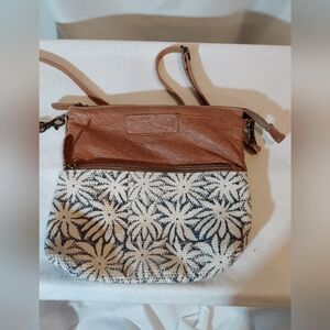 Myra Bag Tan Leathet and Cream Floral Tapestry Crossbody Purse
